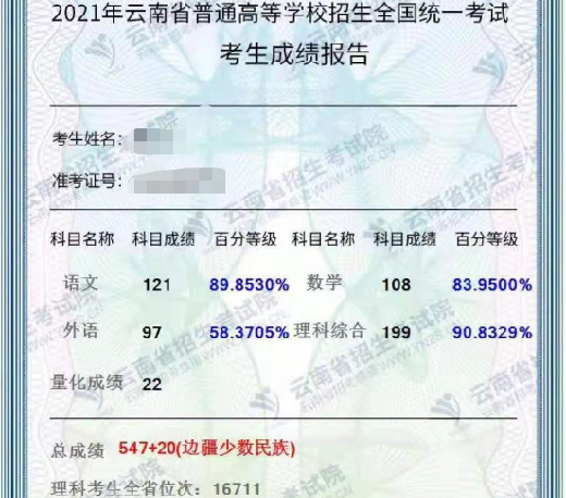 关于张敏云南高考分数的信息